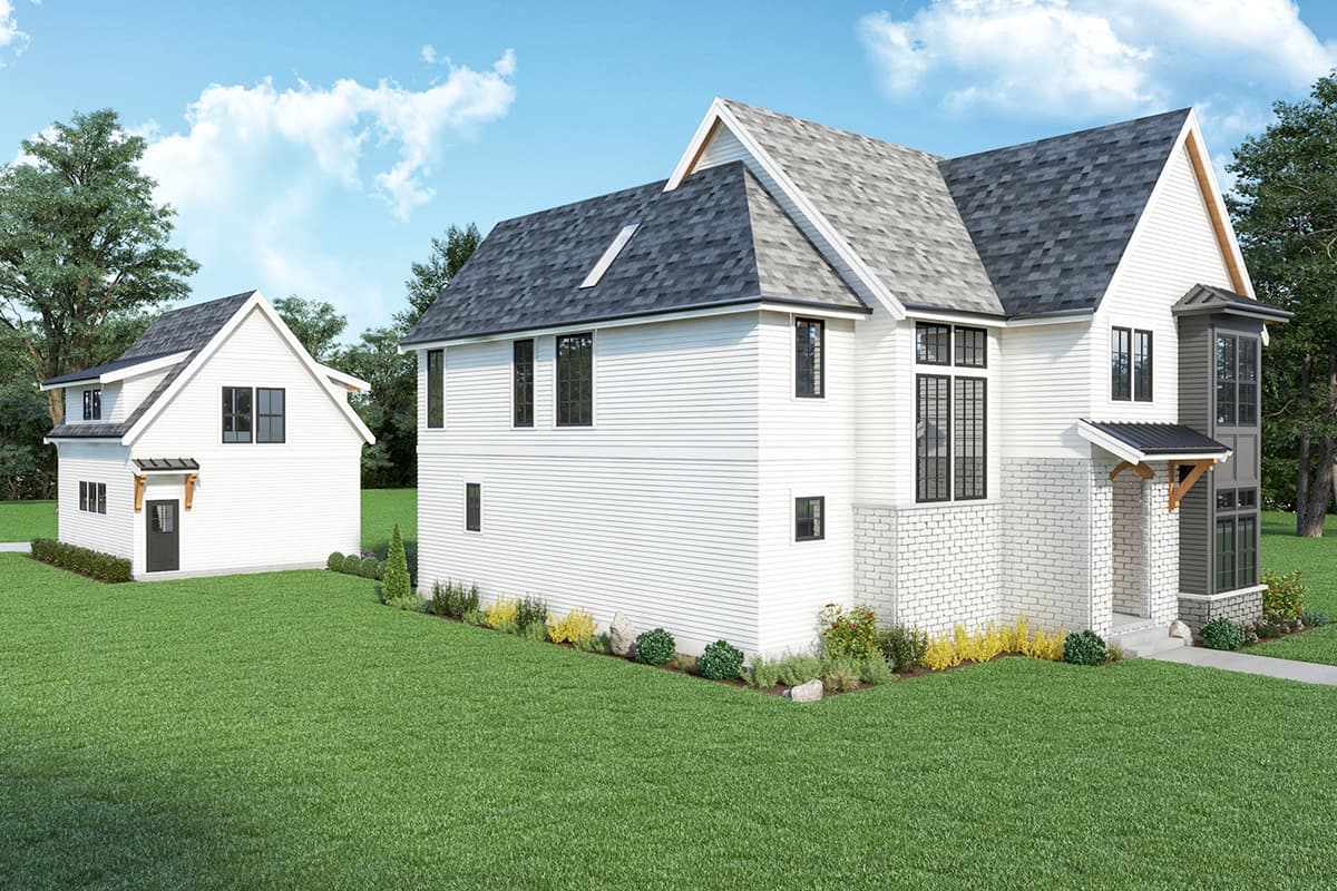 Modern Farmhouse style house plan exterior with white siding, brick accents, gables, dormers, and multiple story sections.