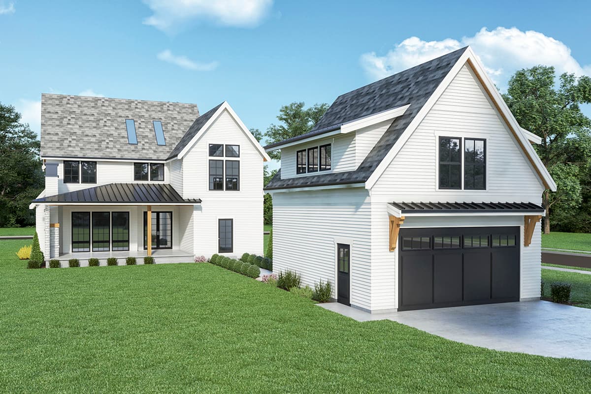 Modern Farmhouse house plan exterior with two stories, gables, dormers, covered porch, and attached garage.