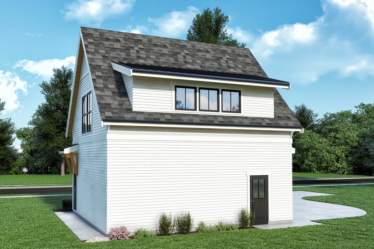 Modern Farmhouse house plan exterior, two stories, with a steeply pitched gable roof, dormer, and horizontal siding.