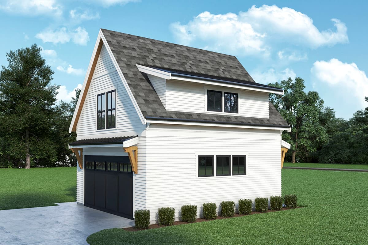 Modern Farmhouse house plan exterior with white siding, gambrel roof, and black garage door.