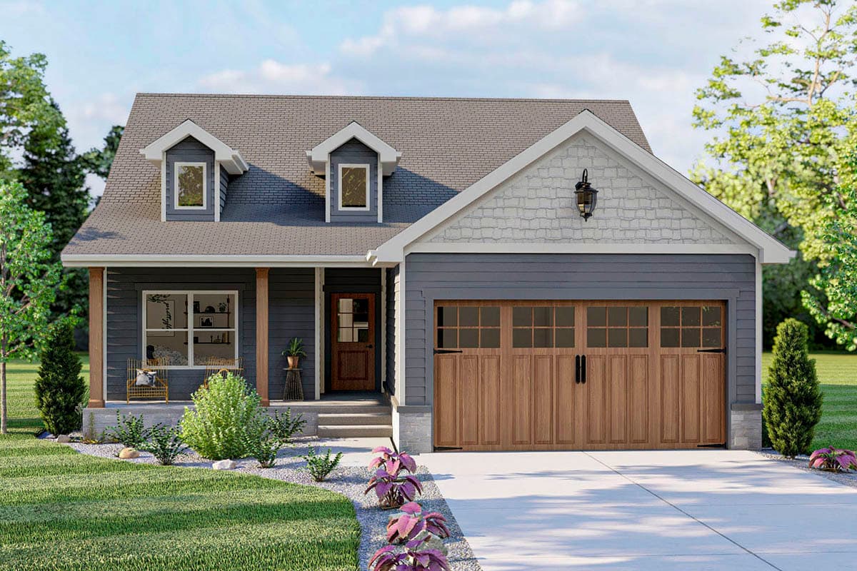 House plan exterior. Craftsman style, one story, with dormers, a front porch, and a two-car garage. Features a gabled roofline.