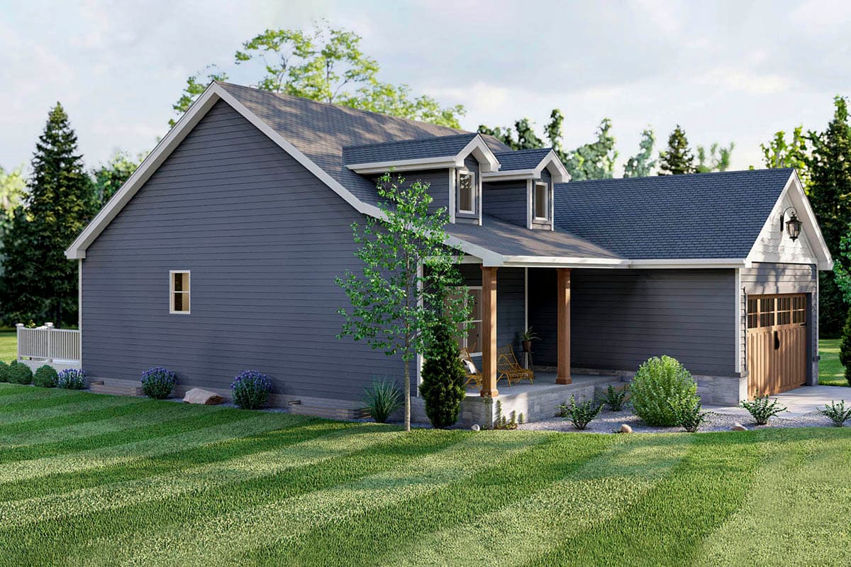House plan exterior: Two-story Modern Farmhouse with front porch, dormers, and attached garage.