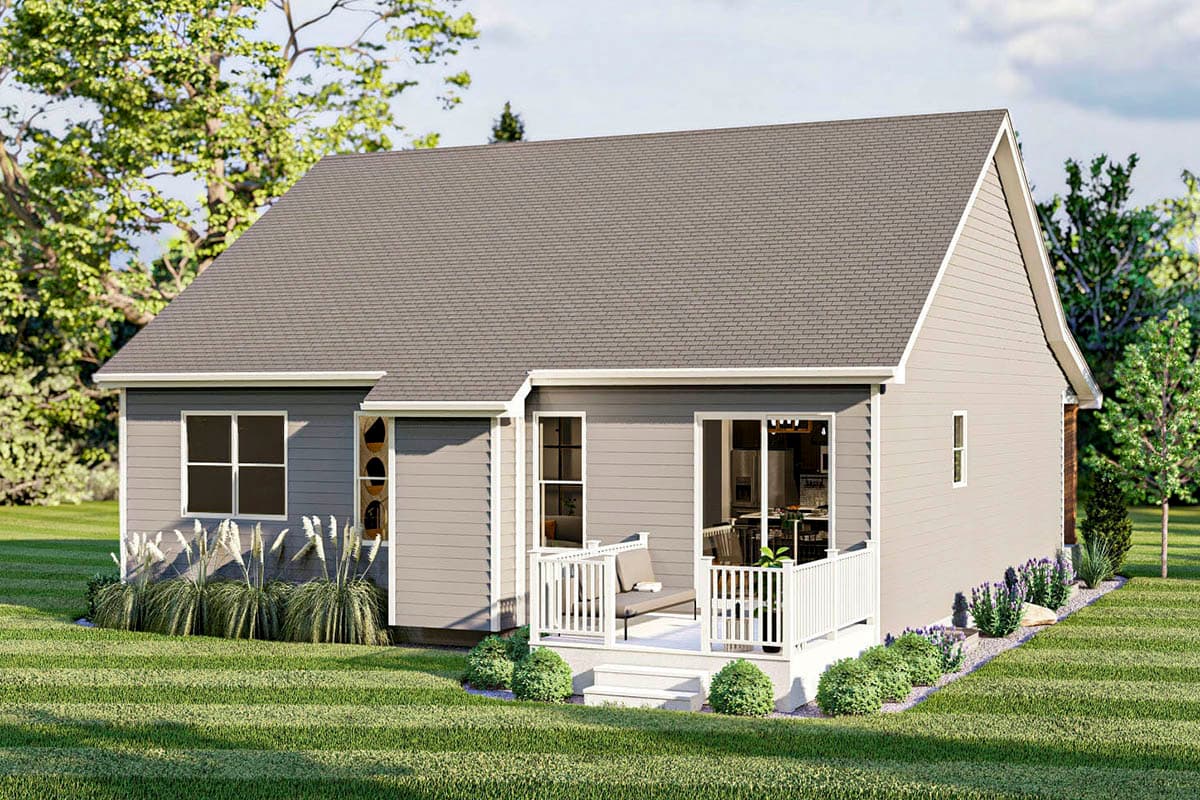 House plan exterior: One-story Modern Farmhouse with gabled roof, siding, and a rear deck.