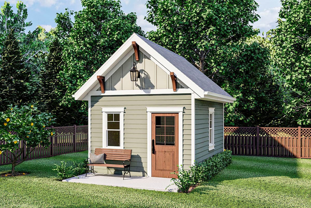 House plan exterior. Small structure with gable roof, decorative brackets, and a front entry door. Includes a bench and small windows.