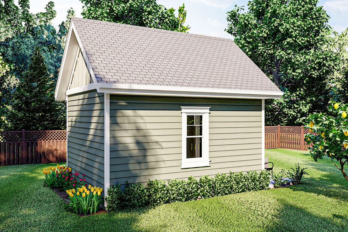 House plan exterior of a small, one-story structure with a gable roof, horizontal siding, and a single window.