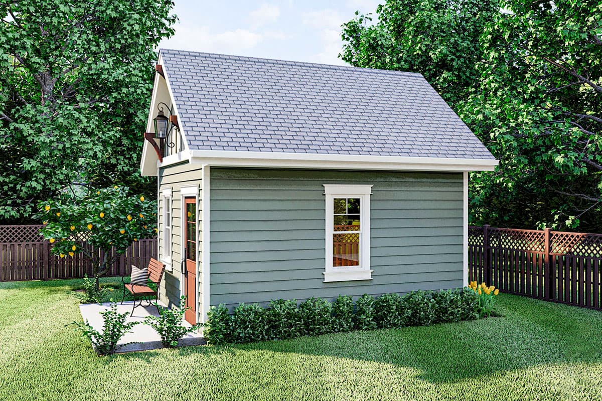 House plan exterior: One-story cottage with gabled roof, centered dormer, paneled door, and wide lap siding.