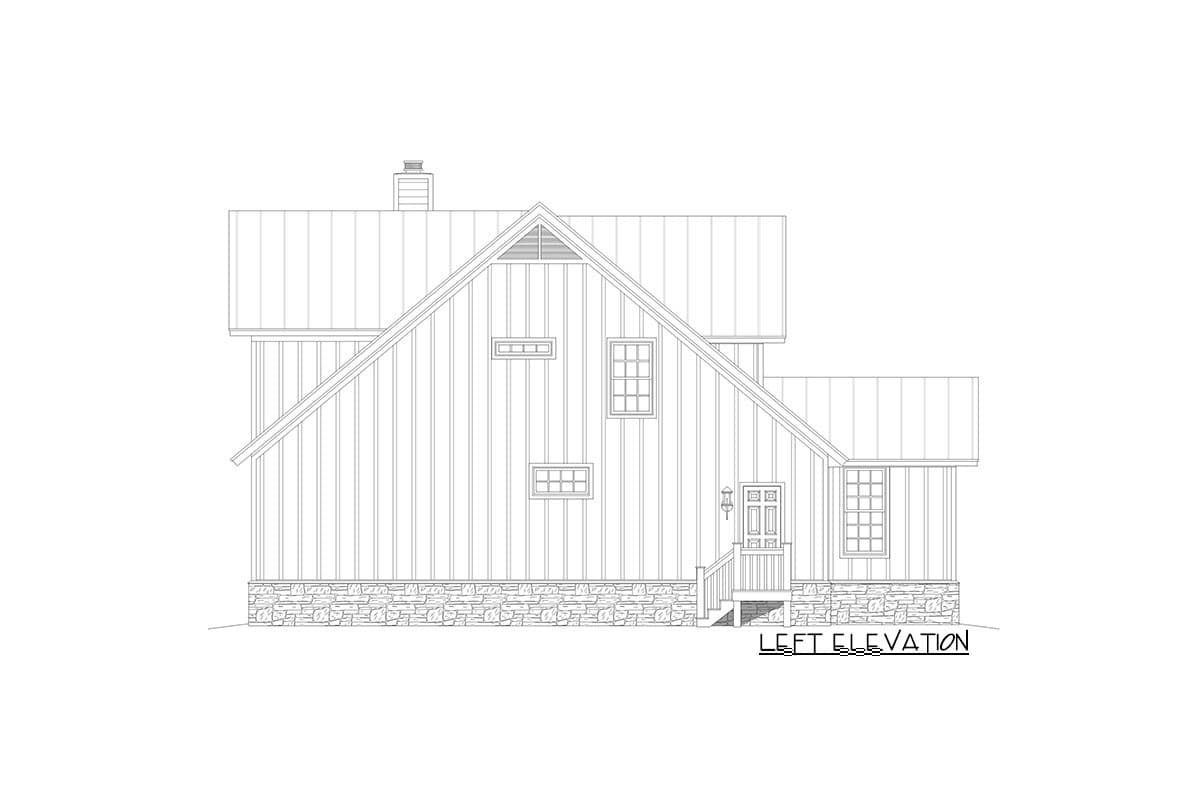 Left elevation house plan with stone foundation, gabled roof, vertical siding, and multiple windows.