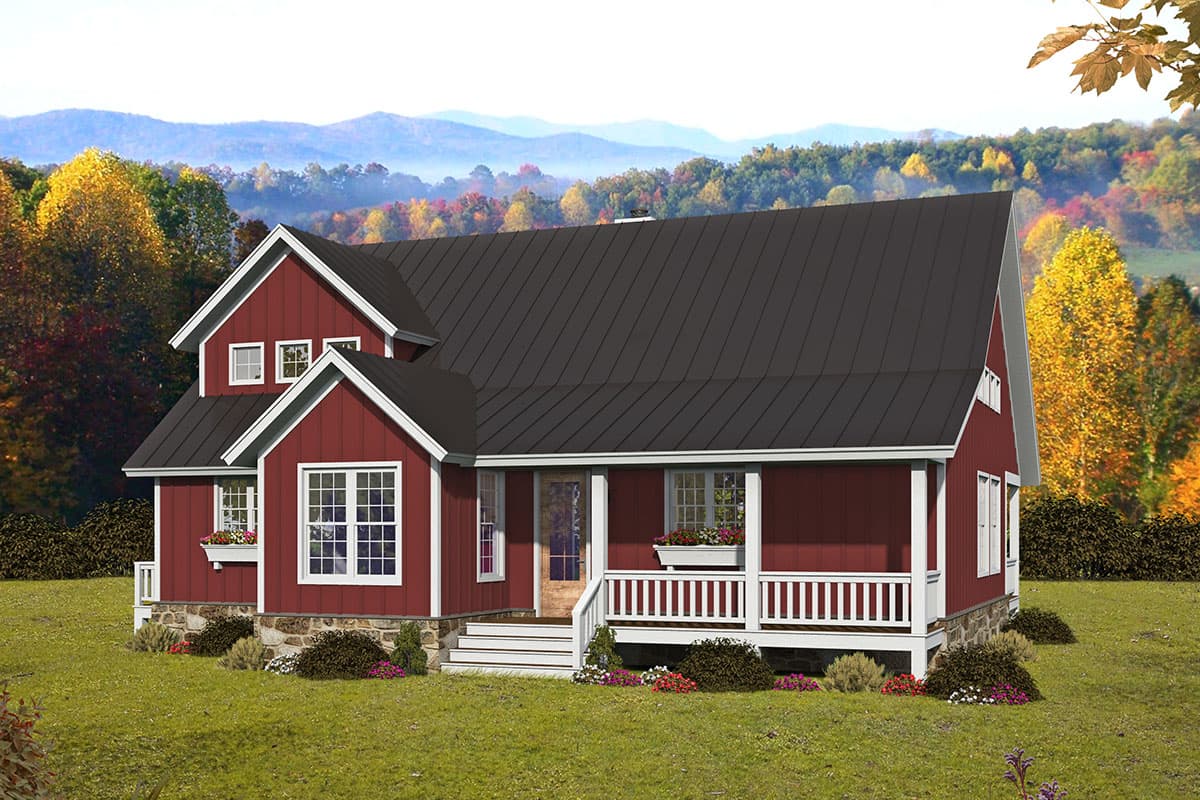 House plan exterior with two stories and a farmhouse style. Features include a front porch with railing, multiple gables, and a dark metal roof.