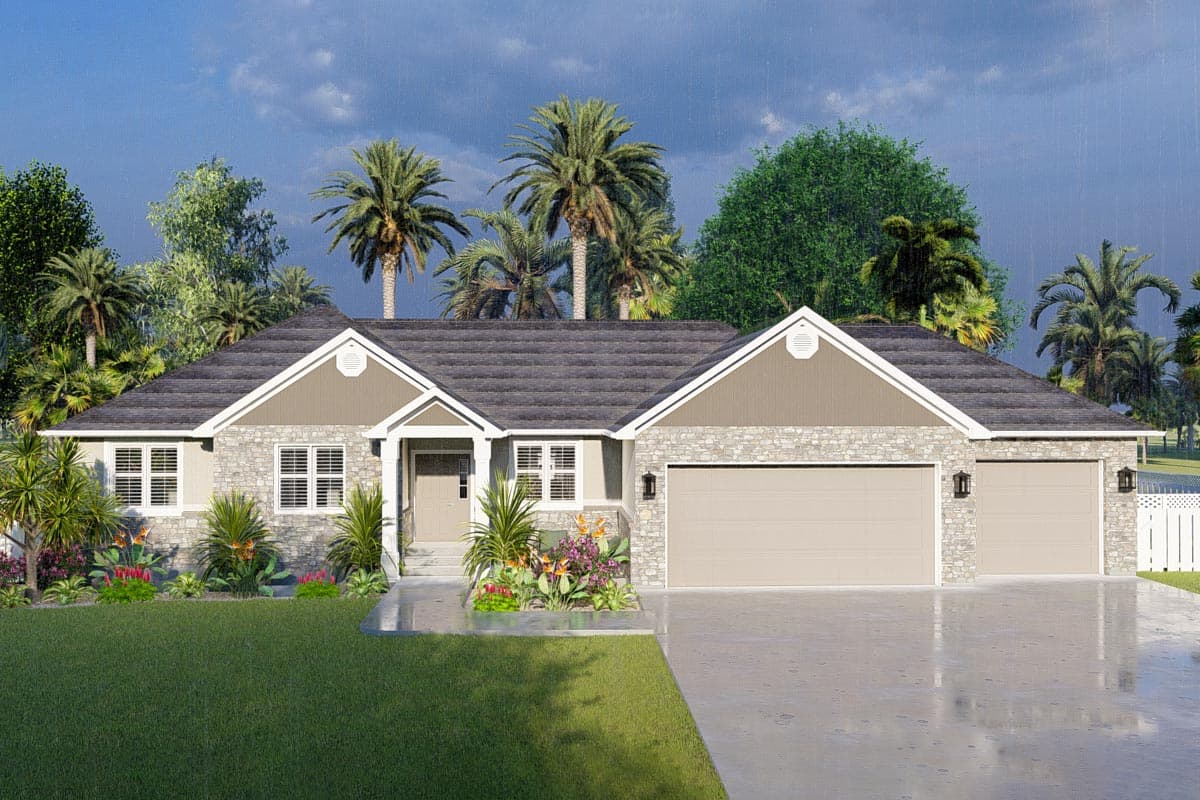 House plan exterior. Ranch style with stone facade. Features include a front-entry garage, gabled roof, and decorative trim.