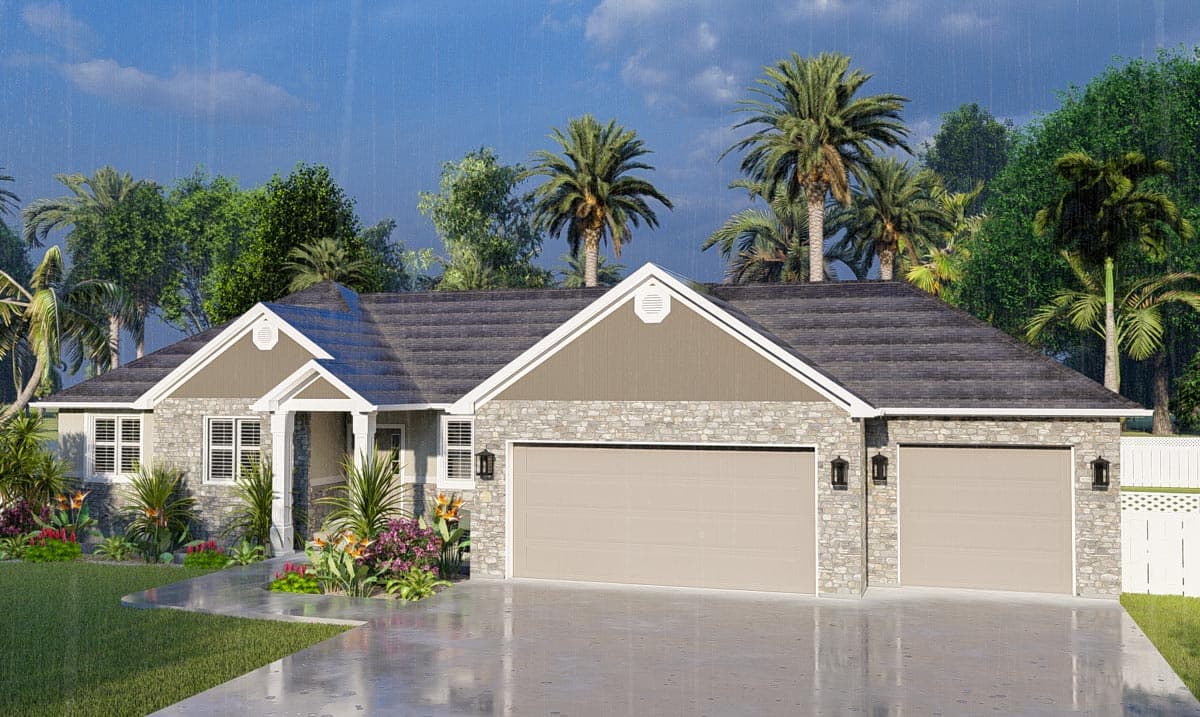 House plan exterior featuring a stone facade, a covered entry with pillars, and a three-car garage with tan doors.