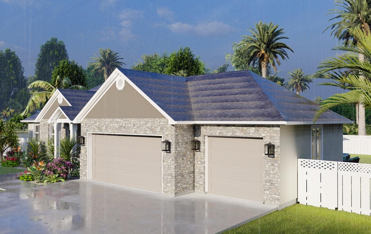House plan exterior featuring a single-story design with a stone-clad facade, gable dormers, and a three-car garage.
