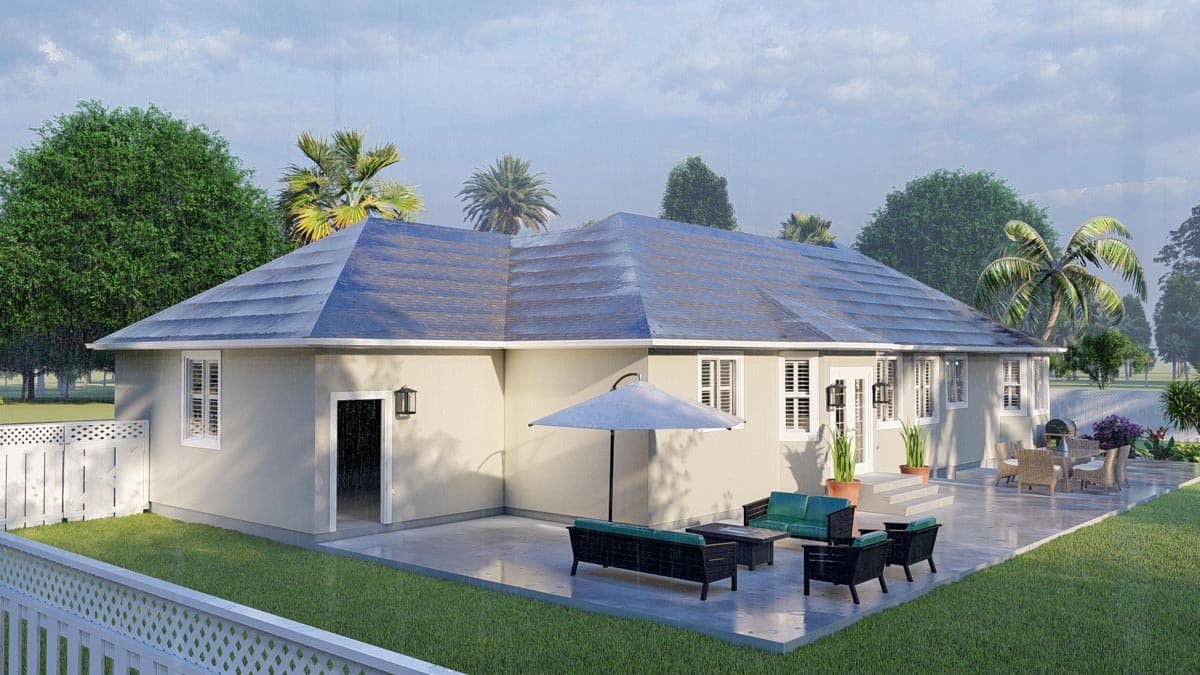 House plan exterior: One-story home with a complex roofline, white-shuttered windows, and a patio with outdoor furniture.
