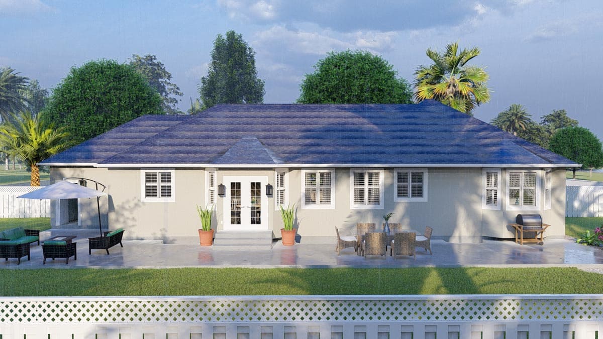 One-story house plan exterior with a hipped roof, double doors, multiple windows, and a large patio with outdoor furniture and a grill.