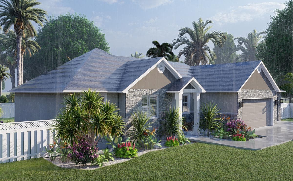 One-story house plan exterior with stone accents, a covered porch, and a two-car garage.