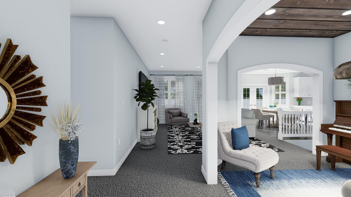Interior rendering of a home showing a living area with a piano and an adjoining dining room and kitchen area with white cabinetry.