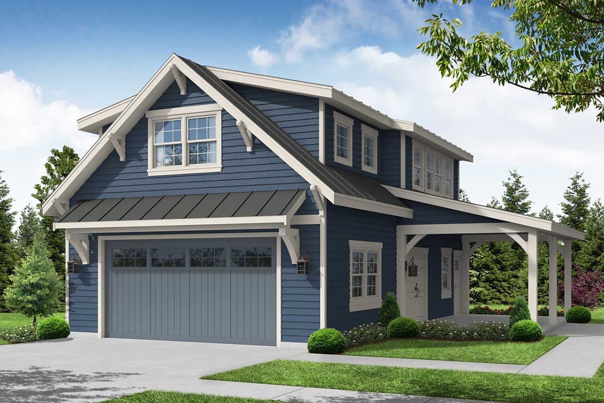 House plan exterior. Two-story Craftsman home with a gable roof, covered porch, and attached garage. Includes dormers and bracketed eaves.