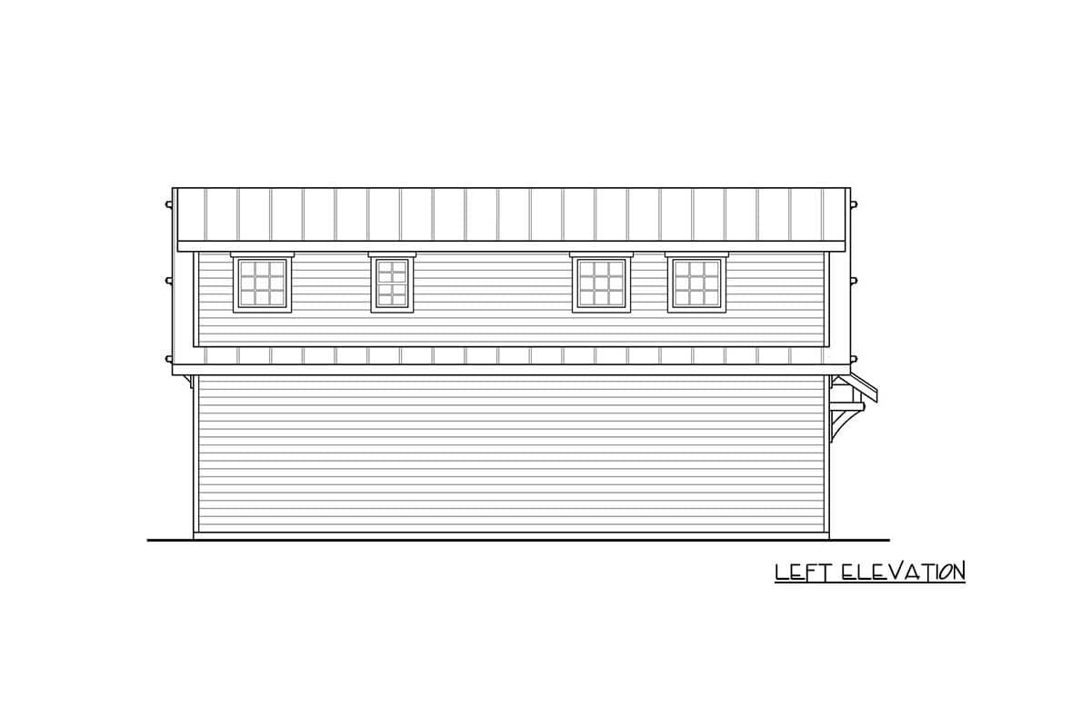Left elevation house plan showing a two-story structure with horizontal siding, a metal roof, and three upper-level windows.