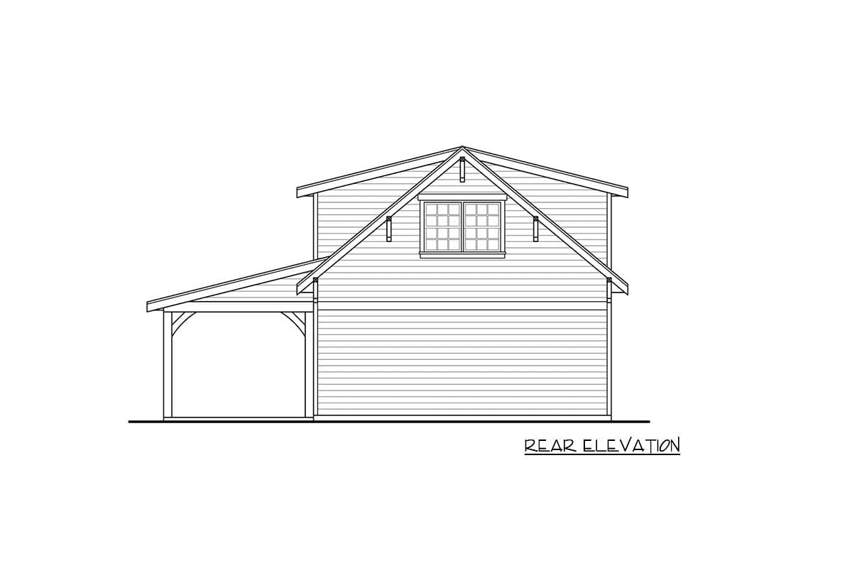 Rear elevation drawing of a house plan featuring a covered carport, a dormer window with multi-pane glass, and horizontal siding.