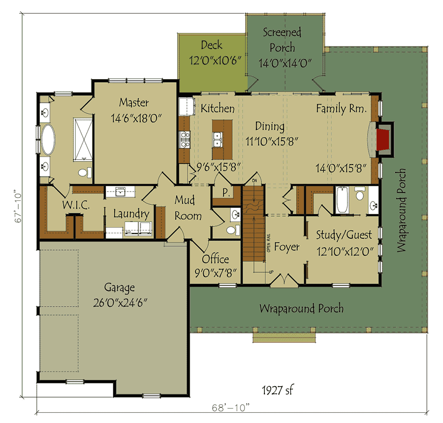 Plan 92388MX: Modern Farmhouse with Wraparound Porch on a Walkout Basement - 2589 Sq Ft - Floor Plan - Main Level - Country, Craftsman, Farmhouse, Modern Farmhouse, Rustic, Southern, Traditional