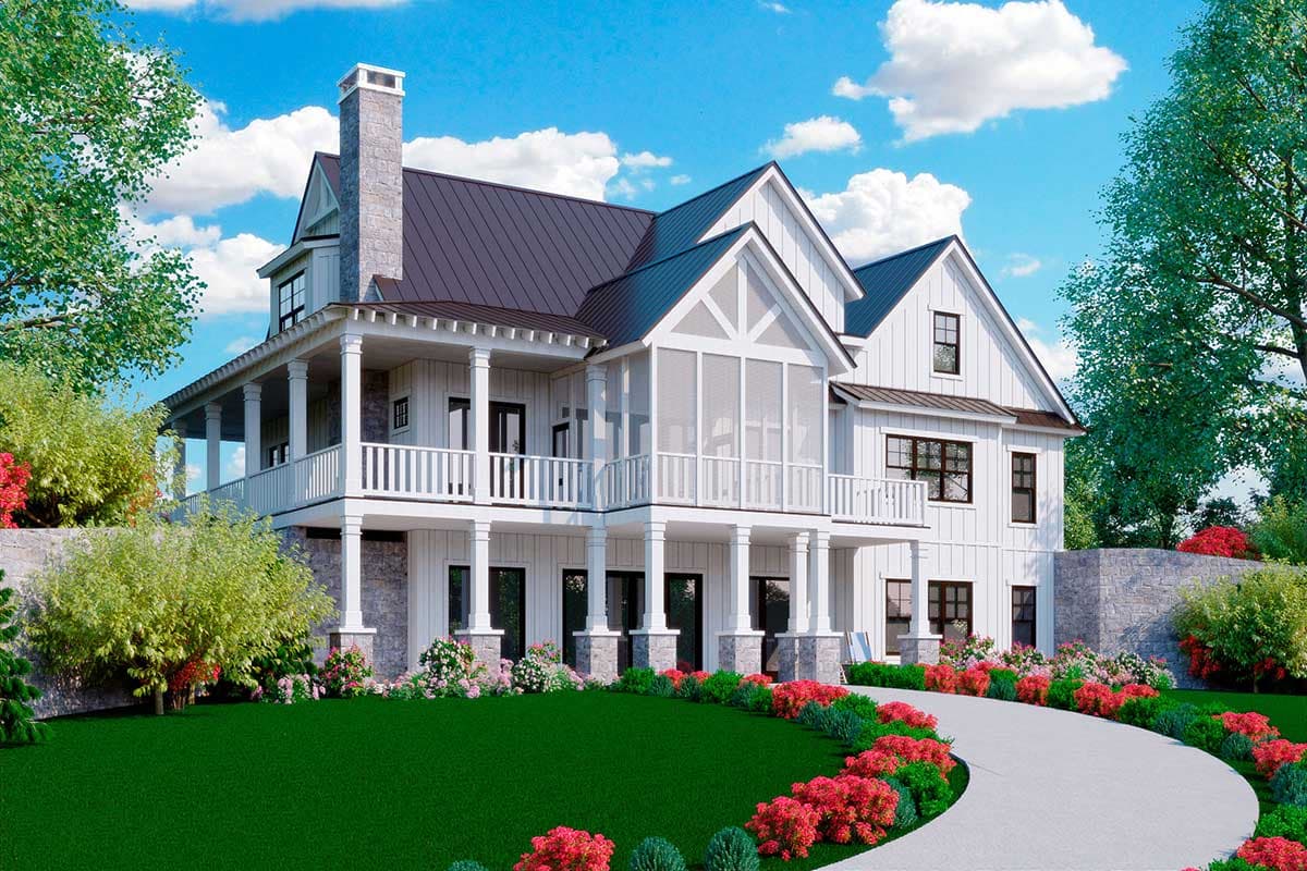 Modern Farmhouse house plan exterior: Two stories, wraparound porch, stone accents, and a screened porch.