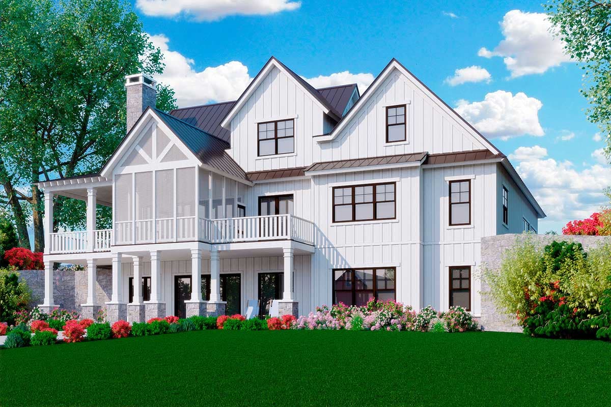 Modern Farmhouse house plan exterior with white board-and-batten siding, metal roof, gables, and a screened porch.