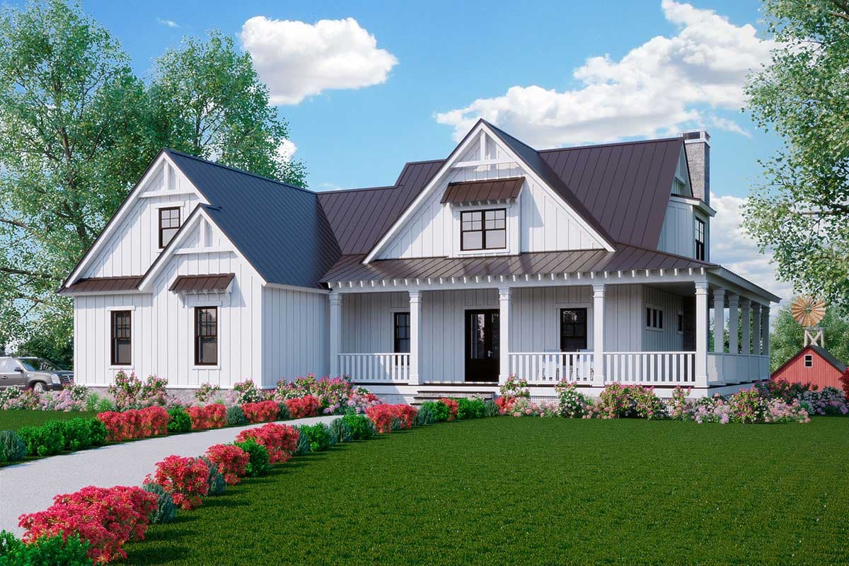 House plan exterior: Two-story Modern Farmhouse with gabled roof, covered porch, dormers, and dark metal roof accents.