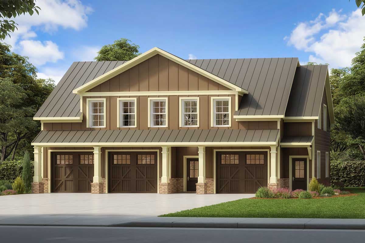House plan exterior. Two-story Craftsman style home with three-car garage, gabled roof, and covered porch with columns.