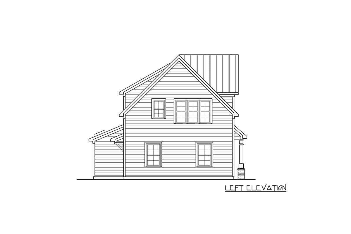 Left elevation drawing of a two-story house plan with gables, metal roof, and various window styles.