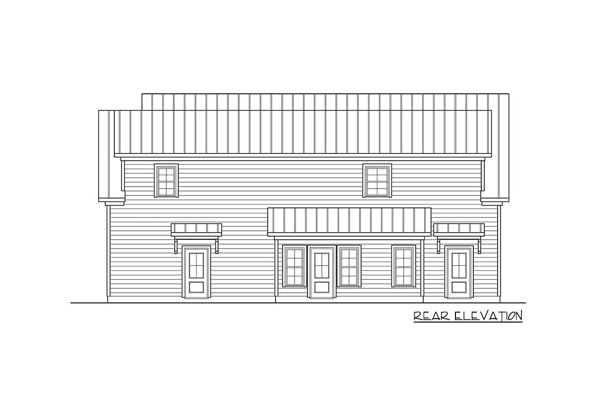 Rear elevation of a two-story house plan with lap siding, multiple gable dormers, and three prominent doorways with awnings.