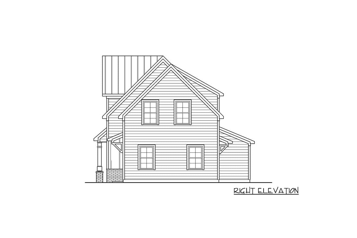 Right elevation of a two-story house plan with a metal gable roof, visible siding, and a covered porch.