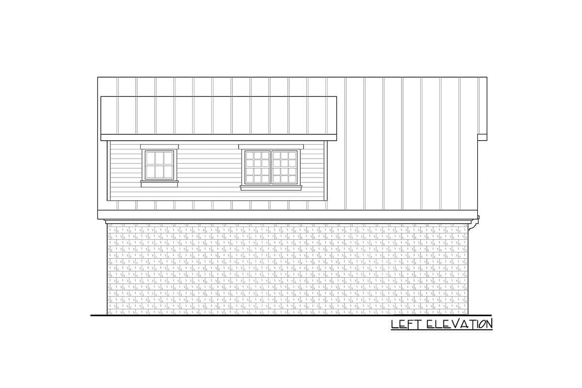 Left elevation drawing of house plan with clapboard siding, two windows, and brick foundation.