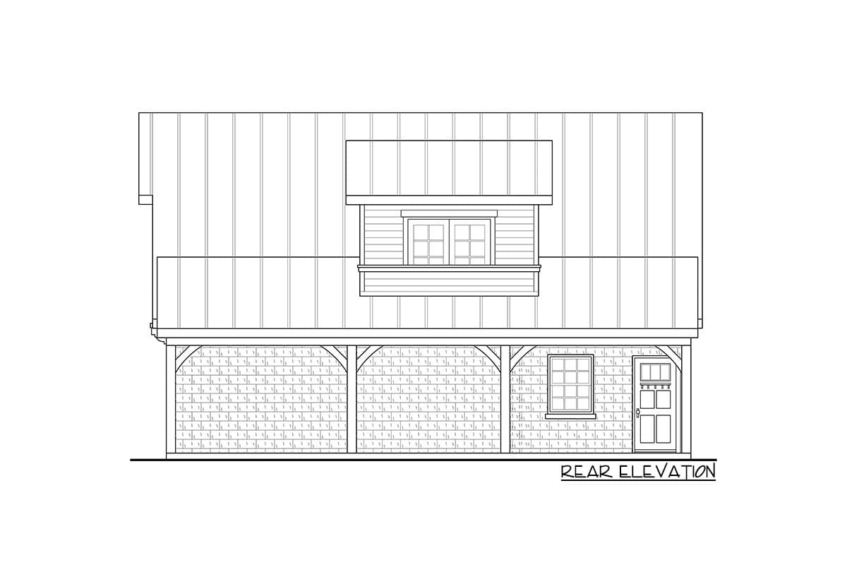 Rear elevation drawing of a two-story house plan with a metal roof, dormer, and porch with visible brickwork and a door.
