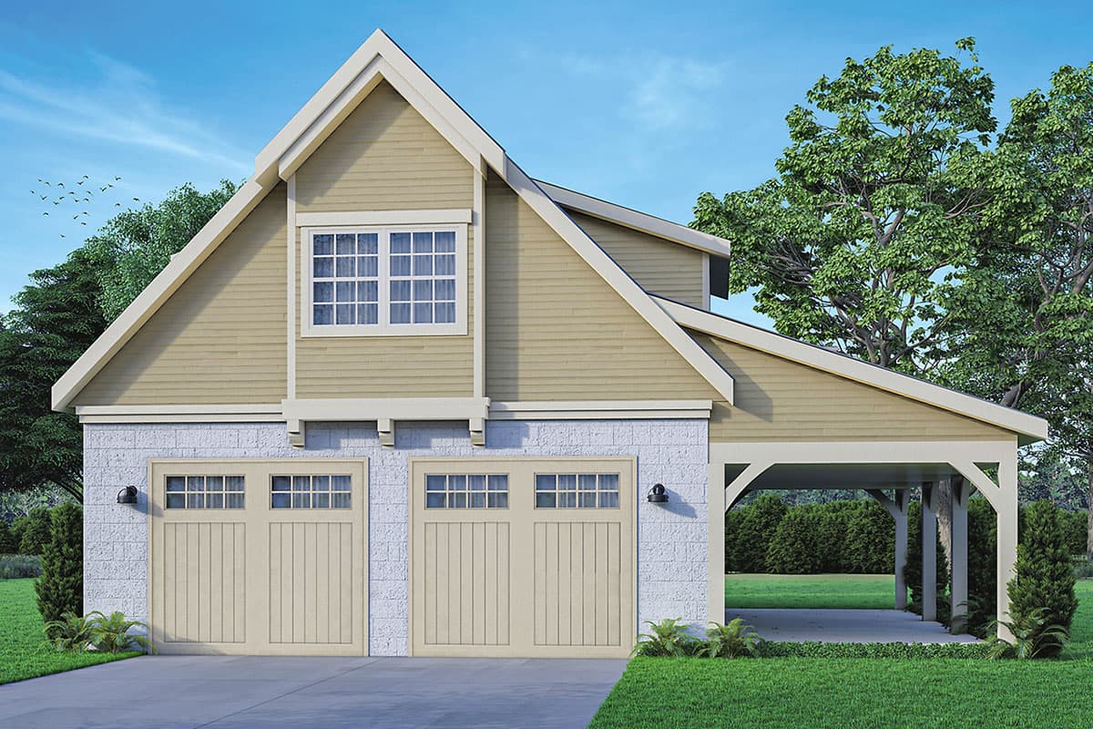House plan exterior. Two-story with gabled roof, two-car garage, and attached carport. Exterior features include stone facade and dormer window.