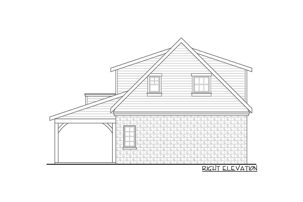 House plan right elevation drawing shows a two-story structure with a brick base, siding upper level, gable roof, and covered carport.