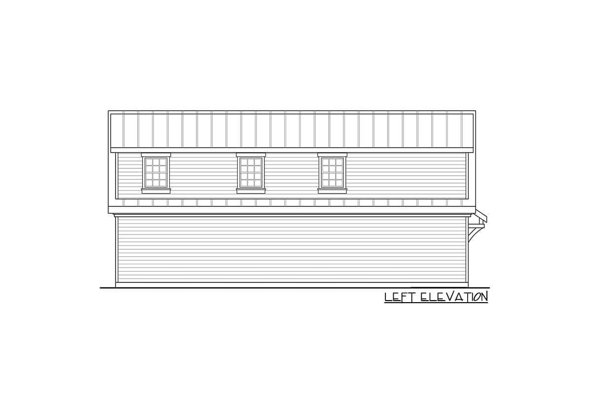 Left elevation drawing of a two-story house plan with horizontal siding and three evenly spaced windows on the upper level.