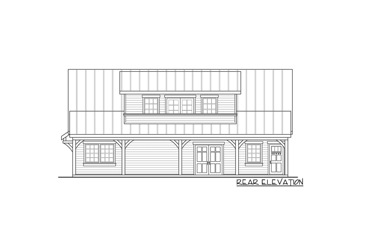 Rear elevation house plan with a covered porch, double doors, and upper-level windows.