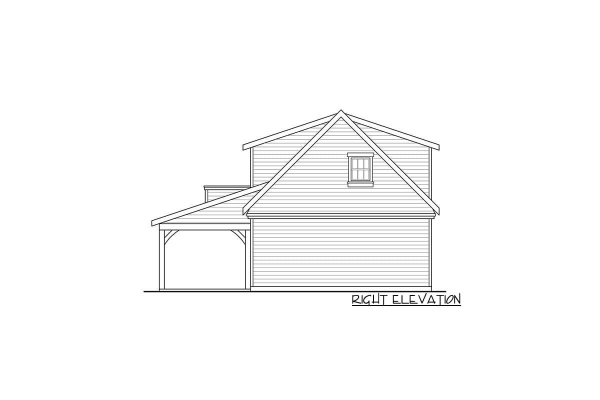 Right elevation of a house plan featuring horizontal siding, a gabled roof, a dormer window, and a covered carport.