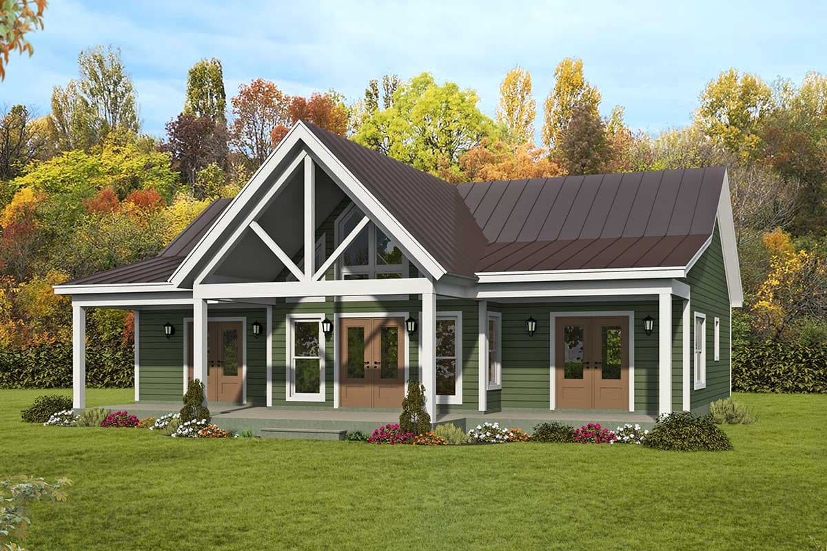 House plan exterior with gable roof, covered porch, and clerestory windows. The home has a brown metal roof and a green exterior.