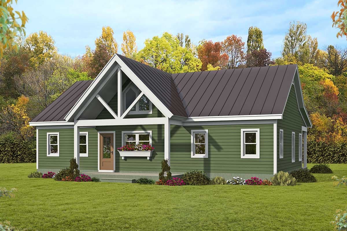 House plan exterior of a one-story Modern Farmhouse with a prominent gable, metal roof, front porch, and multiple windows.