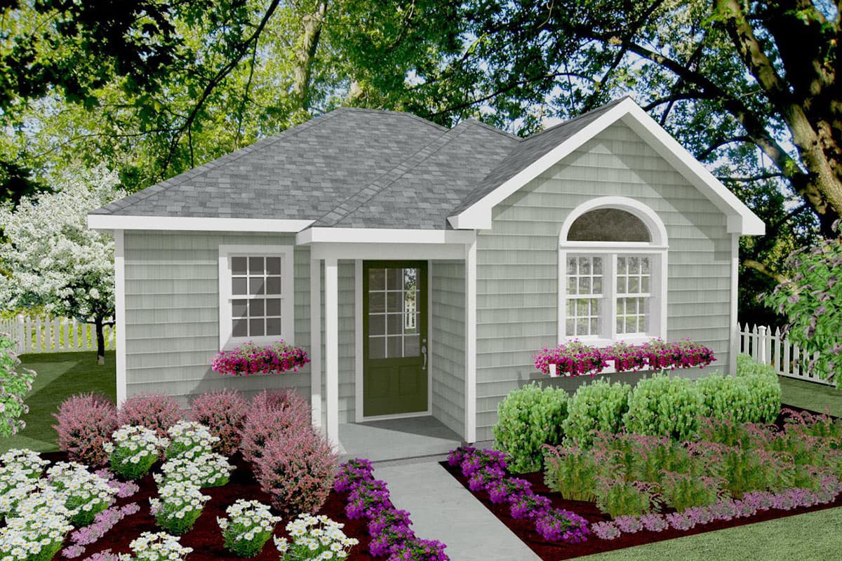 House plan exterior. One-story Cottage style with a gable roof, arched window, and small entry porch. Features shingle siding and flower boxes.