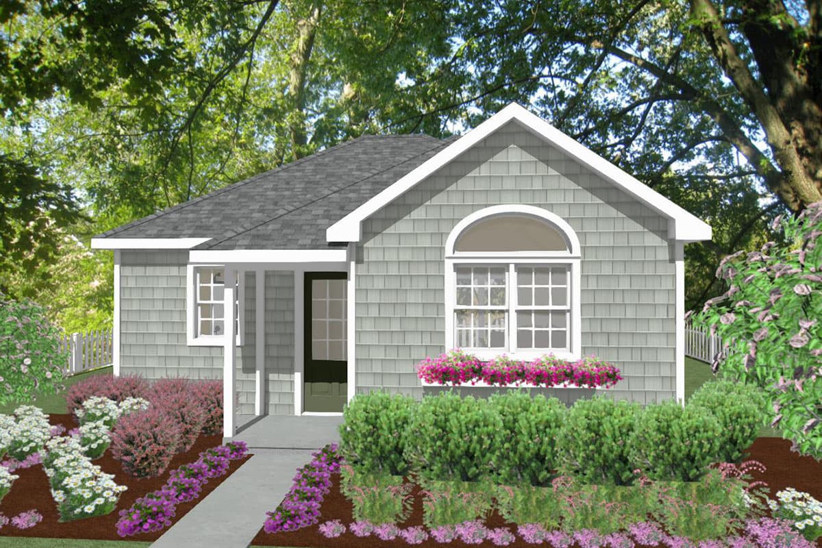 House plan exterior: One-story cottage with a covered entry, arched window with a flower box, and shingle siding.