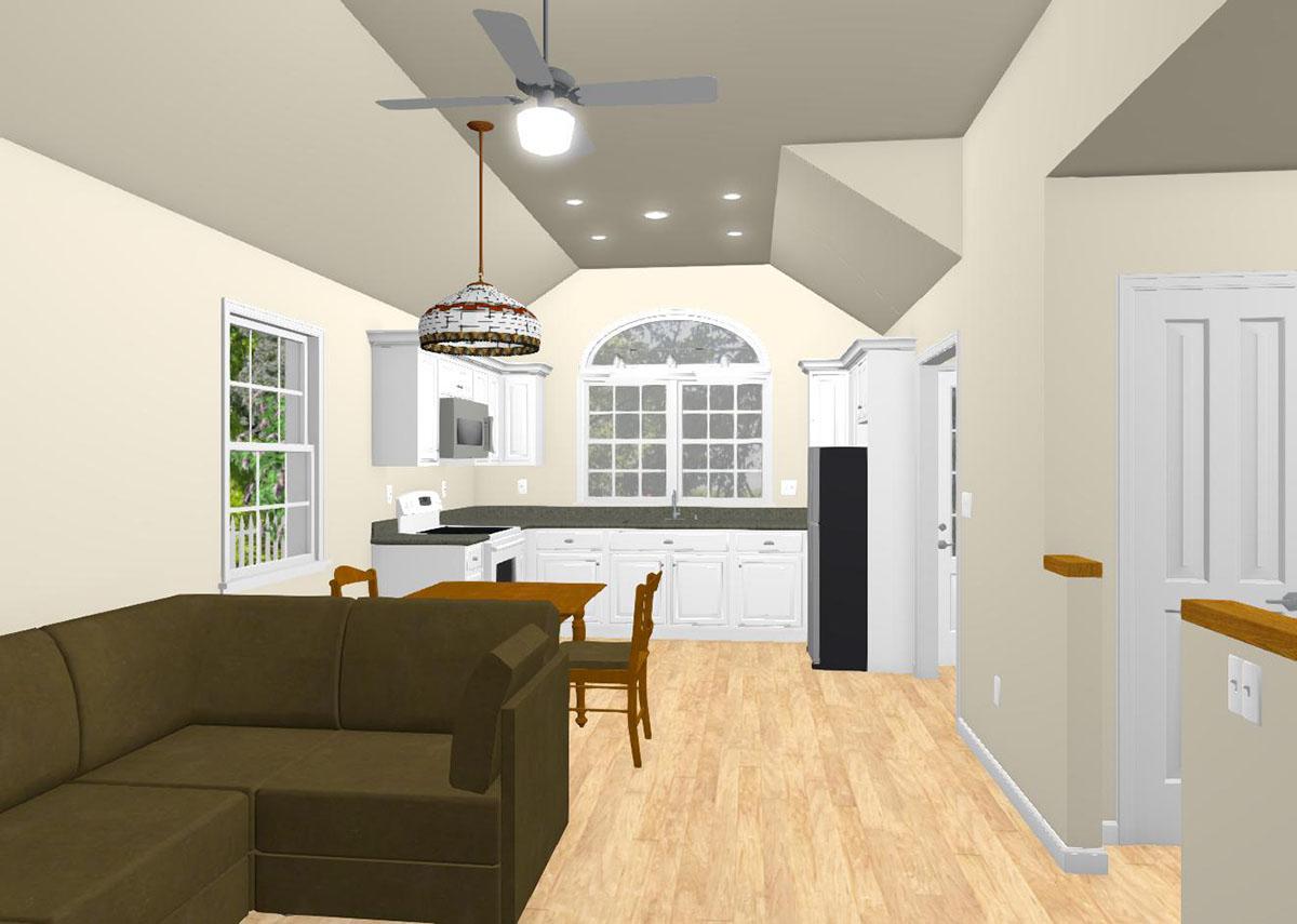 Interior rendering of a kitchen and living area with vaulted ceiling, white cabinets, large arched window, sectional sofa, and dining table.