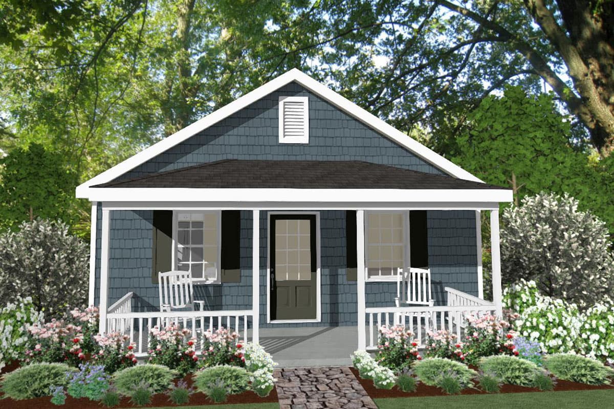 House plan exterior: One-story cottage with a full front porch, gabled roof with dormer, and shingle siding.