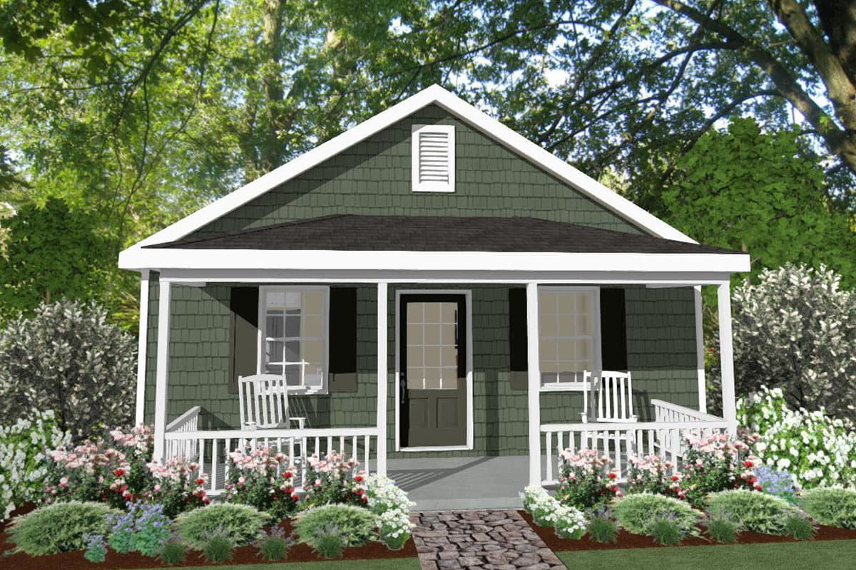 House plan exterior: Cottage style, one story, front porch with white railings, gable dormer, shingle siding.