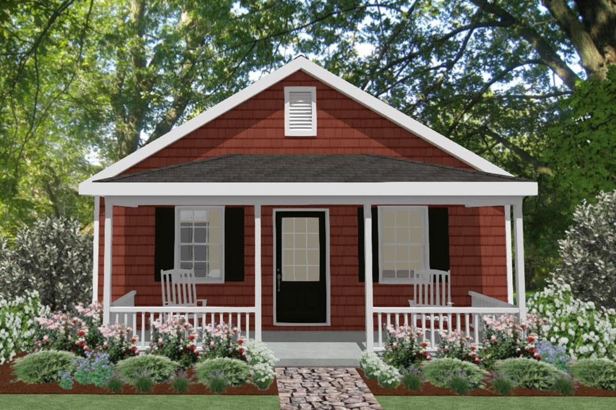 House plan exterior. One-story Cottage style with front porch, gabled roof, and small attic vent. Red shingle siding and dark shutters.