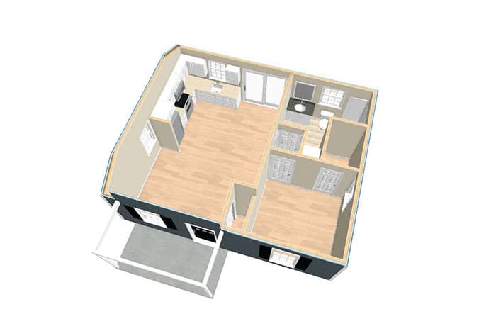 Plan 560020TCD: 1-Bed Home Plan Under 600 Square Feet - Floor Plan - First Floor - Birdseye View - Contemporary, Cottage, Vacation