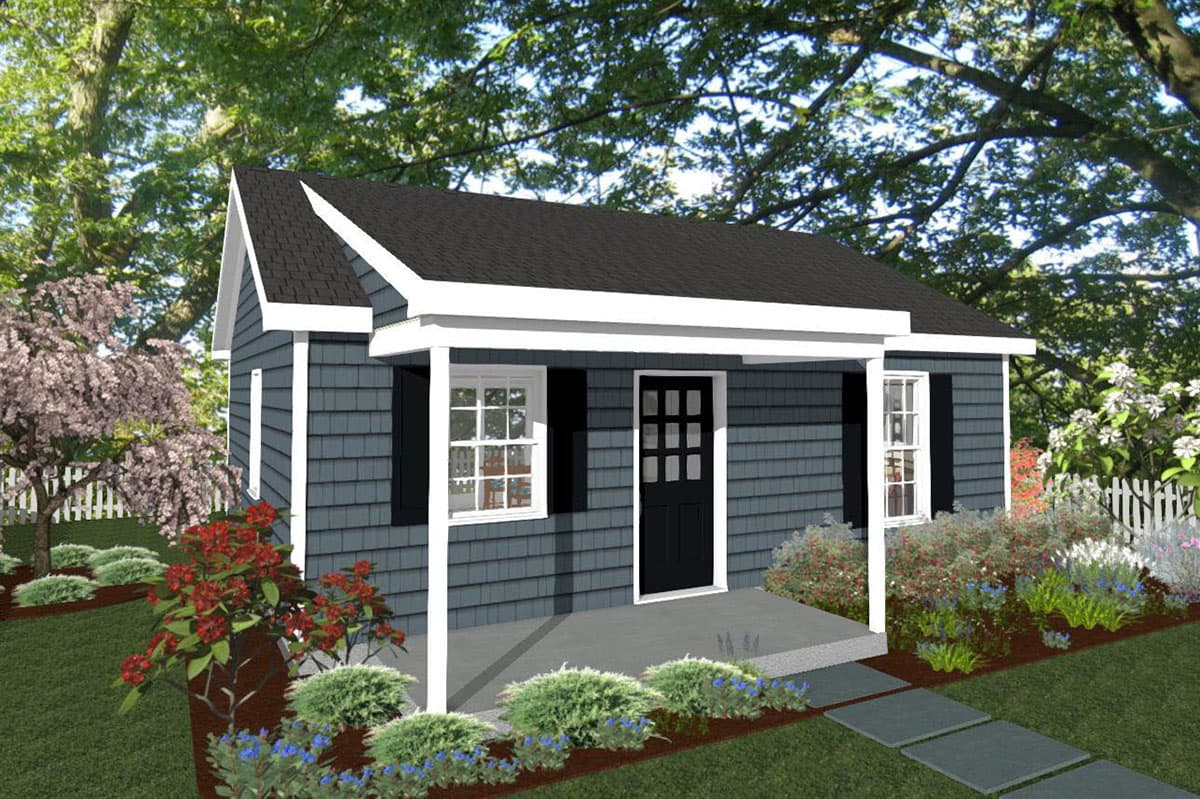 House plan exterior. One-story Cottage style with a covered porch, gabled roof, and dark siding. Features a grid-paned door and windows.