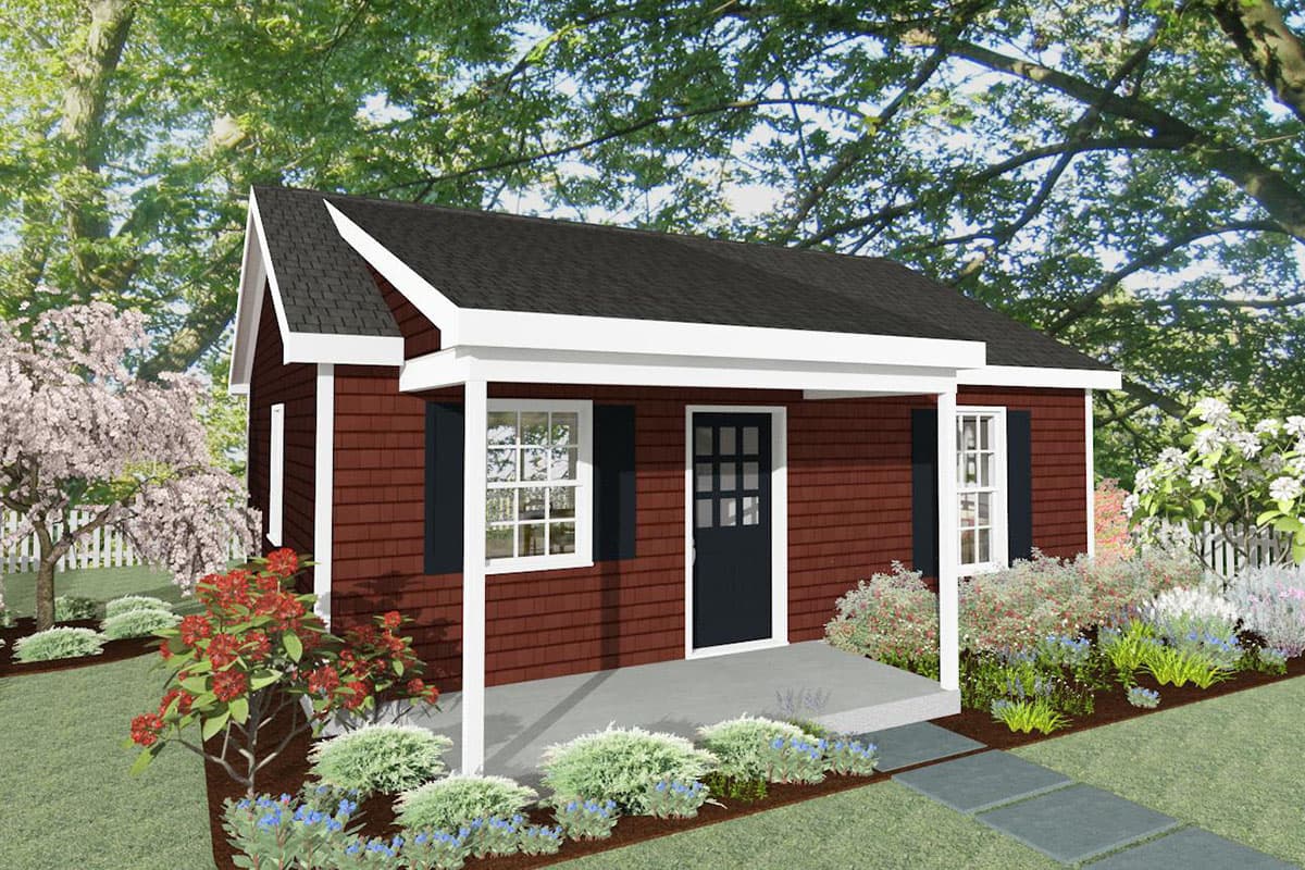 House plan exterior: One-story cottage with shingle siding, gabled roof, and covered front porch with white columns.