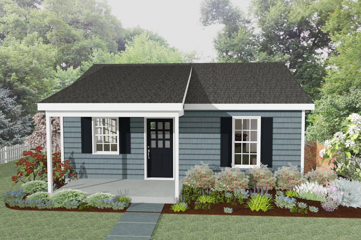 House plan exterior of a one-story home with a covered porch, shingle siding, gabled roof, and front-facing windows.
