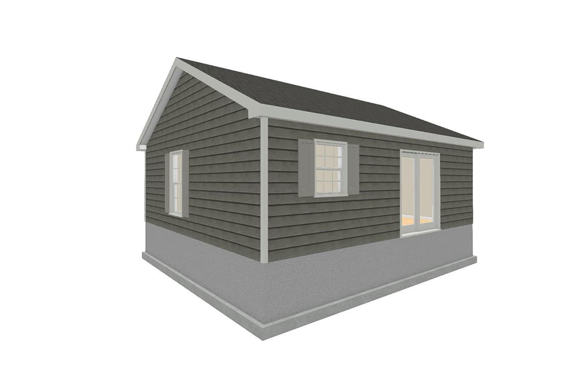 House plan exterior: One-story structure with horizontal siding, gable roof, one window, and glass doors.